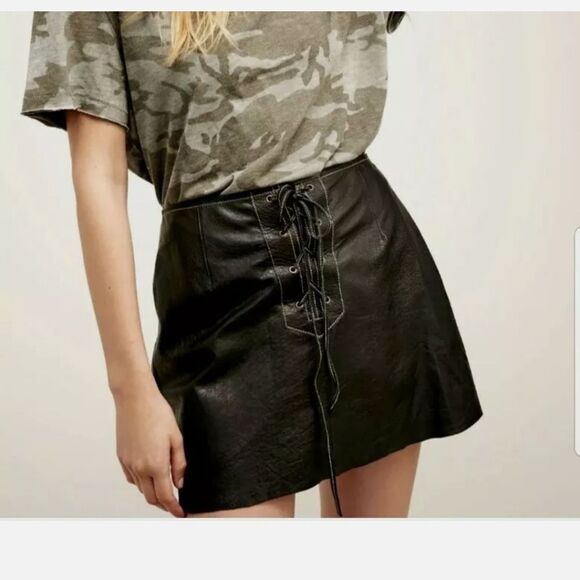 Free People Lace Up Leather Mini Skirt Size 10 - Picture 1 of 6
